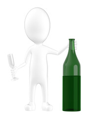 3d character , man with a wine bottle and a glass