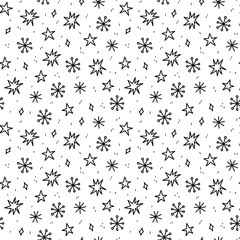 Cute winter seamless pattern with snowflakes and stars. Vector hand-drawn doodle illustration. Perfect for wrapping paper, decorations, wallpaper, holiday and Christmas designs.