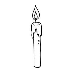 Burning birthday candle. Single doodle illustration. Hand drawn clipart for card, logo, design