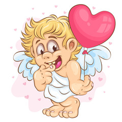Cartoon Cupid with Balloon. Clipart. Cute cartoon illustration of a shy cupid holding a heart shaped balloon in his hand. Cartoon mascot for Valentine's Day.