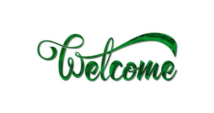 Welcome. Animation of calligraphic inscription text in green metal color on the white screen alpha channel. A good way to start your vlog video so that everyone enjoys it