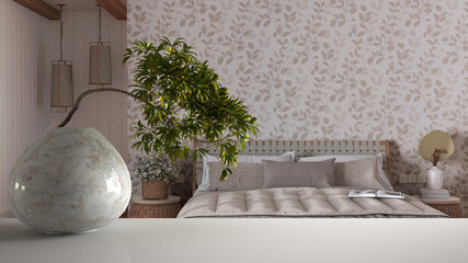White mat table shelf with round marble vase and potted bonsai, green leaves, over modern wooden scandinavian bedroom with wallpaper, zen clean architecture concept idea