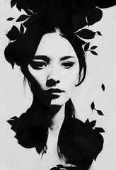 Abstract art collage of a young woman with flowers on her head, double exposure. Portrait of a woman generated by AI, no one recognizable.