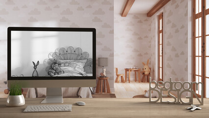 Architect designer project concept, wooden table with keys, letters bedroom design and desktop showing blueprint CAD sketch, blur background, children interior design