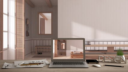 Architect designer desktop concept, laptop on wooden work desk with screen showing interior design project, blueprint draft background, japandi dining room
