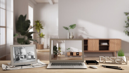 Architect designer desktop concept, laptop and tablet on wooden desk with screen showing interior design project and CAD sketch, japandi dining room