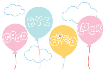 Good bye and good luck balloons on cloud background - hand drawn