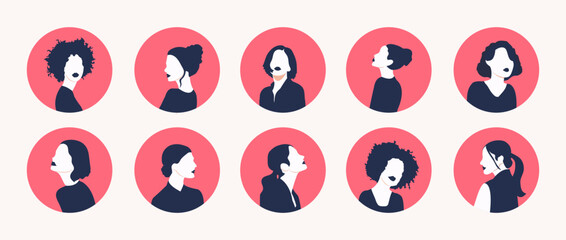 A set of icons of people's faces on avatar profiles: women, young and old of different races and countries. Business illustration. Megaset. Trendy vector style.