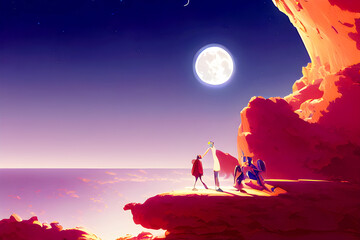 Full Moon Night Sea Cliff Adventure - Beautiful Vibrant Concept Art
