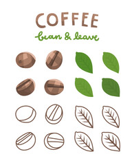 vector coffee beans and leaves color and line art