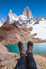 Papier Peint photo autocollant Fitz Roy Hiking boots at Laguna de los tres and fitz roy in el chalten patagonia argentina