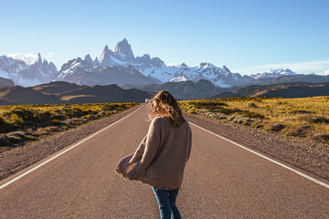 Person on an empty road to El Chaltén Patagonia Argentina