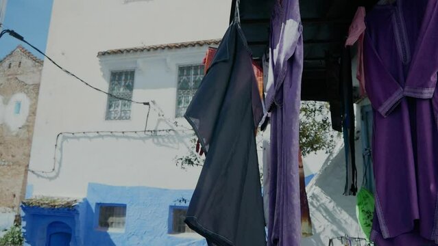 clothes hanging in the blue city of chefchaouen. High quality FullHD footage