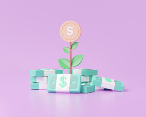 Cartoon minimal showing financial stacks banknote growing invesment budget fund with tree on money business development concept. interest economy management. 3d render illustration - obrazy, fototapety, plakaty