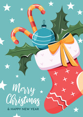 Greeting holiday card. Christmas sock with gifts and Christmas decorations on the blue background. Vertical poster with congratulations.