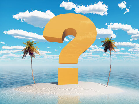 Fragezeichen Symbol und Palmen auf einer Insel im Meer