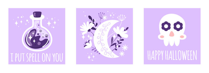 Set of cute Halloween cards - cute skull, I put a spell on you vector with Magic potion, floral moon isolated on purple background. Hand drawn vector illustration in cartoon childish style