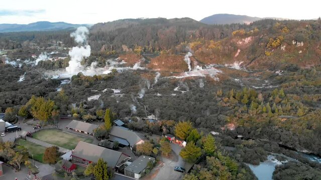 Rotorua Te Puia Park with geysers, aerial panoramic view of New Zealand