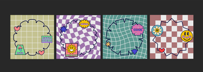 Fototapeta na wymiar Set of cute funny templates on Checkered Groovy Backgrounds with stickers frames,patches, in 90s style.Modern symbols in y2k aesthetic. Vector illustration of UI