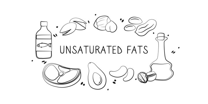 Unsaturated fatty acids-containing food. Groups of healthy products containing vitamins and minerals. Set of fruits, vegetables, meats, fish and dairy.