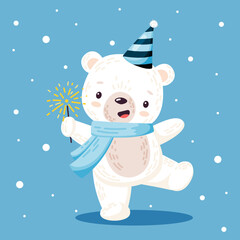 Cute polar bear character wearing scarf and festive cap with sparkler. Flat vector illustration.