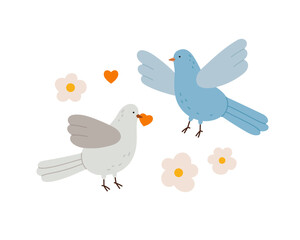 Hand-drawn beige and blue pigeons with hearts. Two love birds. Saint Valentine's day. Romantic print design.