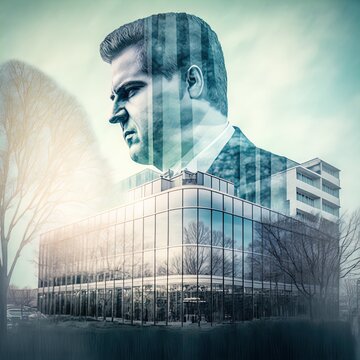 Double exposure image of businessman and office made with Generative AI. 