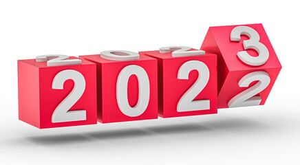 New year holiday concept. Cubes with number 2023 replace 2022