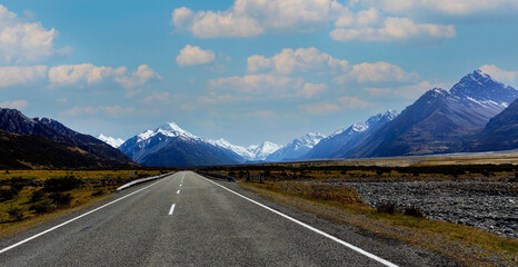The road way landscape view of blue sky background over Aoraki mount cook national park,New zealand