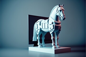 White trojan horse in a black computer screen, computer virus, created with generative AI	 - obrazy, fototapety, plakaty