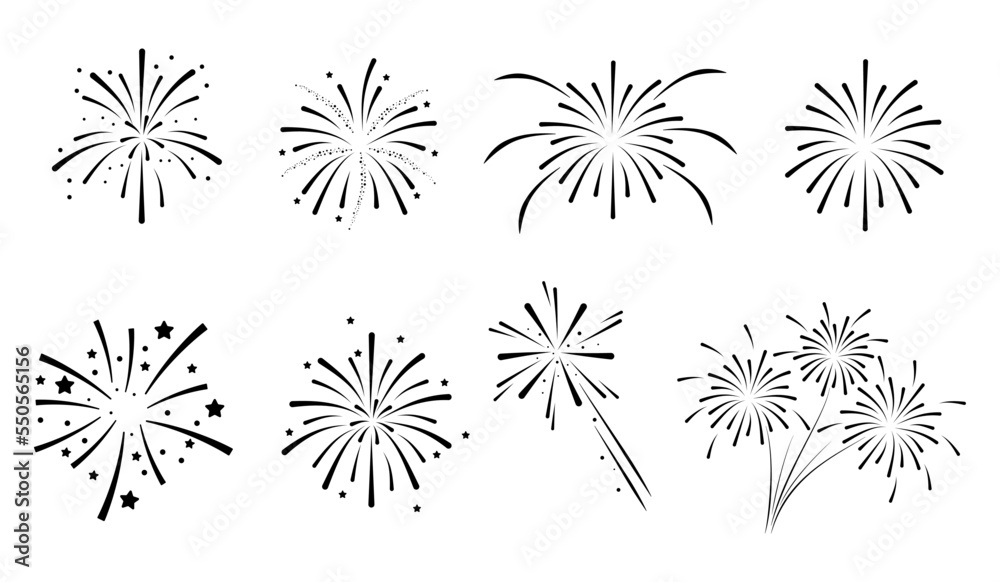 Wall mural set of firework icons.fireworks with stars and sparks isolated on white background.firework simple b