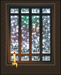 Merry Christmas winter window with candle, city background, vector illustration