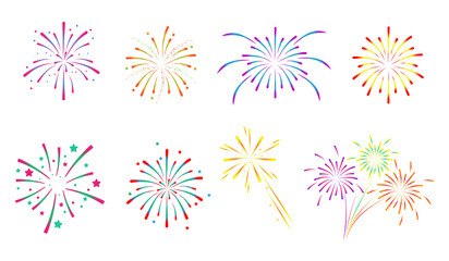 Set ofcolorful fireworks.Fireworks with stars and sparks isolated on white background.Festive fireworks in diferent colors.