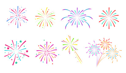 Set ofcolorful fireworks.Fireworks with stars and sparks isolated on white background.Festive fireworks in diferent colors.