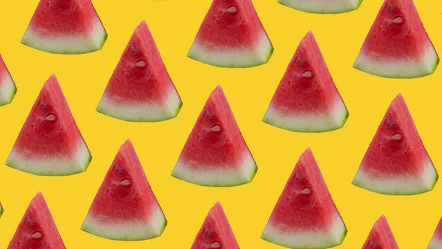loop motion summer fruit background, animation seamless repeat pattern watermelon on yellow background , tropical summer festival, loop food animation background, animation in seamless background