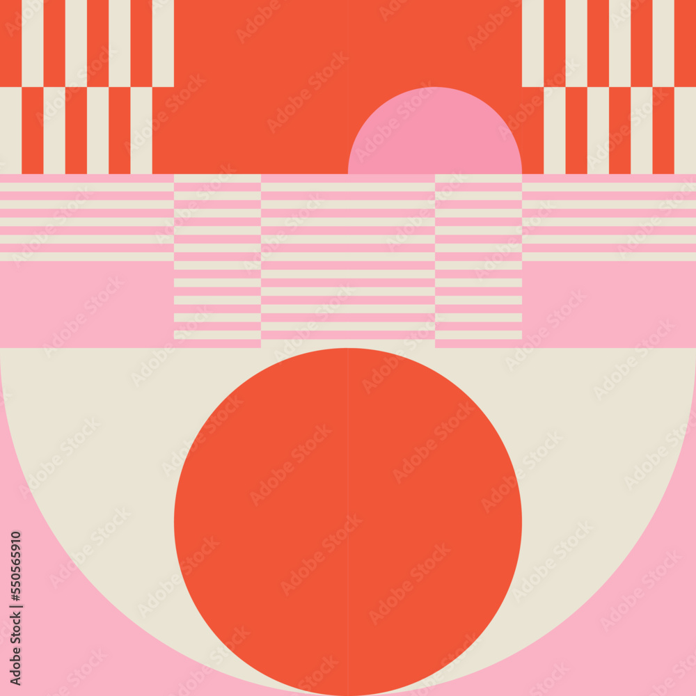 Poster Modern vector abstract  geometric background with circles, rectangles, squares and stripes  in retro Bauhaus style. Pastel colored