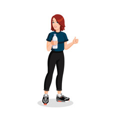 Young beautiful woman holding bottle of water. Female sporty character with water bottle showing thumbs up. Drink more water concept. Sports training. Jogging in the morning. Flat vector illustration.