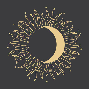 Sun and Moon vector linear drawing for decorative design. Partial solar eclipse abstract logo. Golden crescent moon with sunburst silhouette isolated on dark background.
