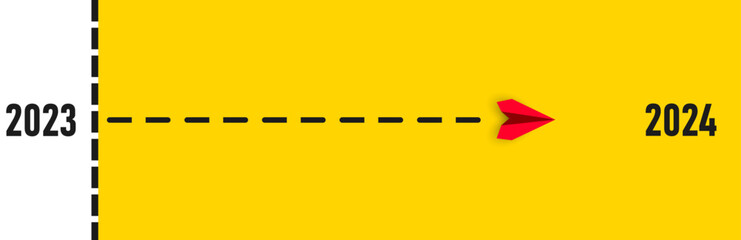 Paper airplane flying from starting line to 2024 destination. Concept of goal, vision, mission, action idea.Change, chance, new, route idea concept.