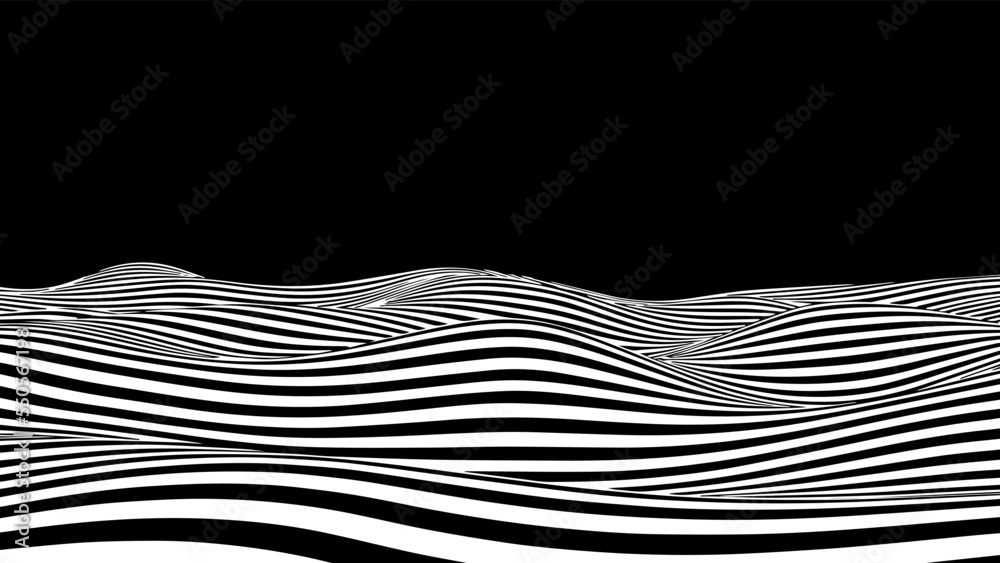 Poster optical illusion curve wave. abstract vector background with black and white lines. pattern distorte