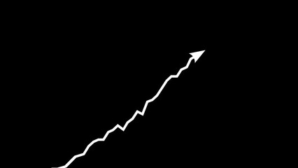 Chart arrow white on black background still goes up seamless loop. Overlay, add or alpha channel. Graph rising fast. Business cartoon animation. Economy metaphor.
