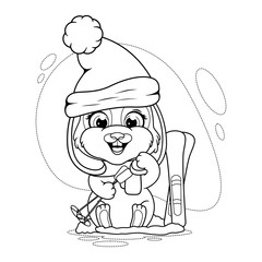 Coloring page. Cute winter bunny with skis
