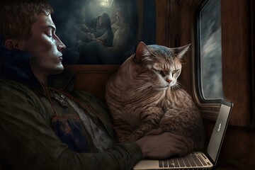 A man resting with his cat, working on his computer and listening to chill and relaxed music, feeling pet love