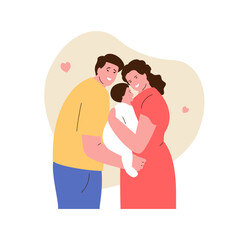 Young happy parents dad and mom are holding their newborn baby. Family and love, motherhood, fatherhood, childhood