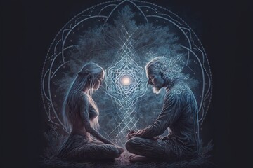 Spiritual Connection Between Two Persons, with electromagnetic connections generated in deep state meditation through astral communication, and Telepathy - obrazy, fototapety, plakaty