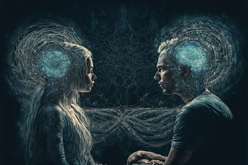 Spiritual Connection Between Two Persons, with electromagnetic connections generated in deep state meditation through astral communication, and Telepathy - obrazy, fototapety, plakaty