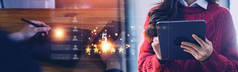 Customer review satisfaction feedback survey concept, User give rating to service experience on...