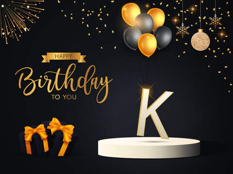 birthday design with the alphabet k and balloons in golden color