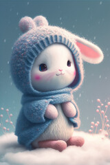 Obraz na płótnie Canvas cute little bunny in pastel colored winter clothes in winter forest, christmas mood