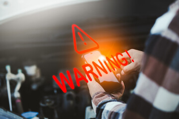 Men holding a smartphone and calling emergency assistance services, EV car engine failure accident...